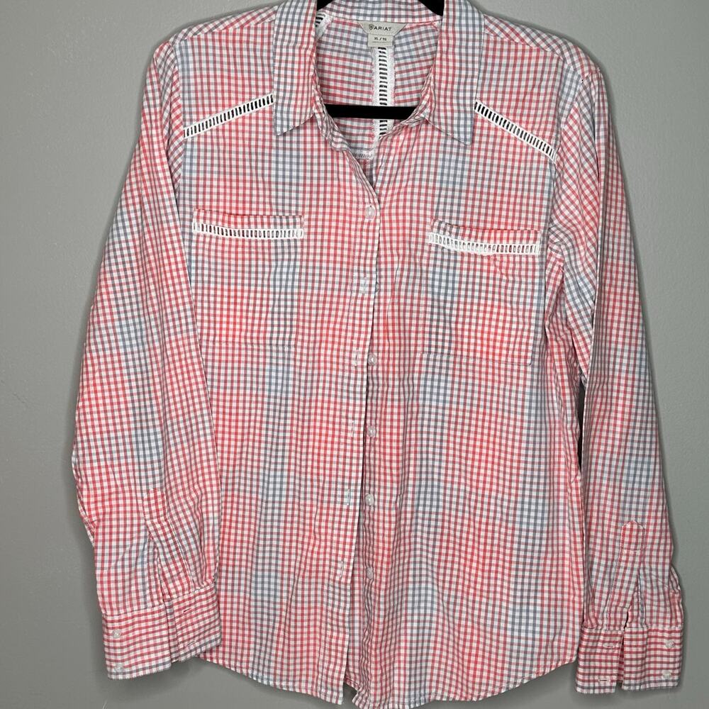 Ariat Women Size XL Pink Gray Checked Long Sleeve Button Up Canyon Western Shirt